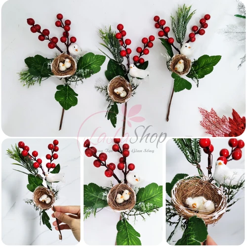 Cành cherry tuyết có lá tổ chim phụ kiện trang trí cây thông 1 cành 25cm