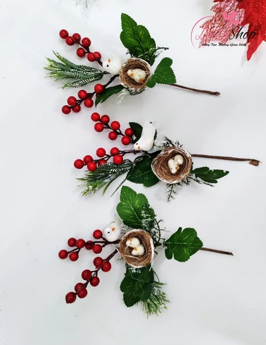 Cành cherry tuyết có lá tổ chim phụ kiện trang trí cây thông 25cm