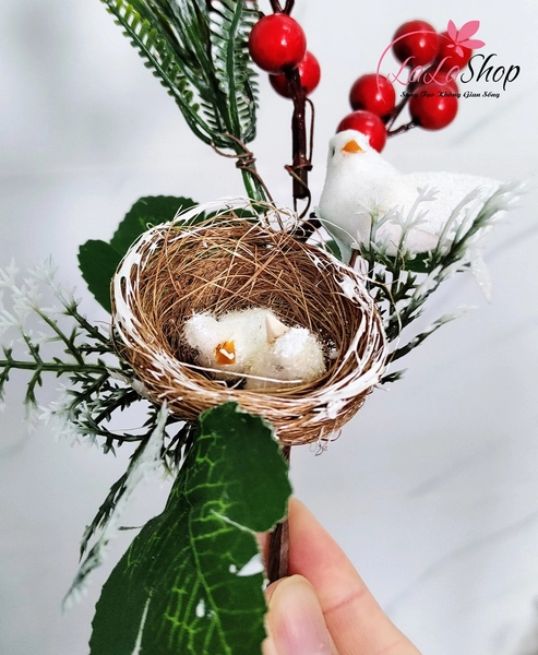 1 Cành cherry tuyết 25cm có lá tổ chim phụ kiện trang trí cây thông