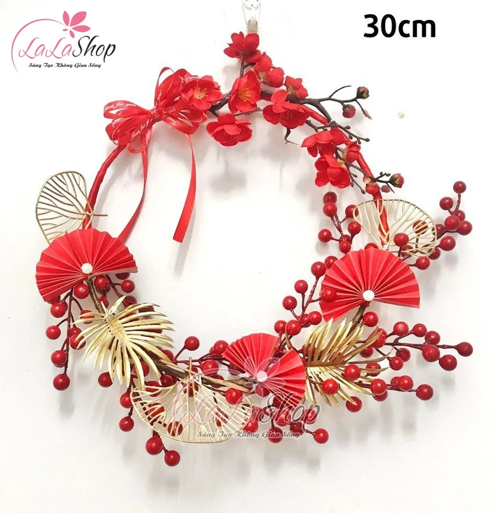 Vòng hoa lá vàng sắc đỏ 2 trang trí tết