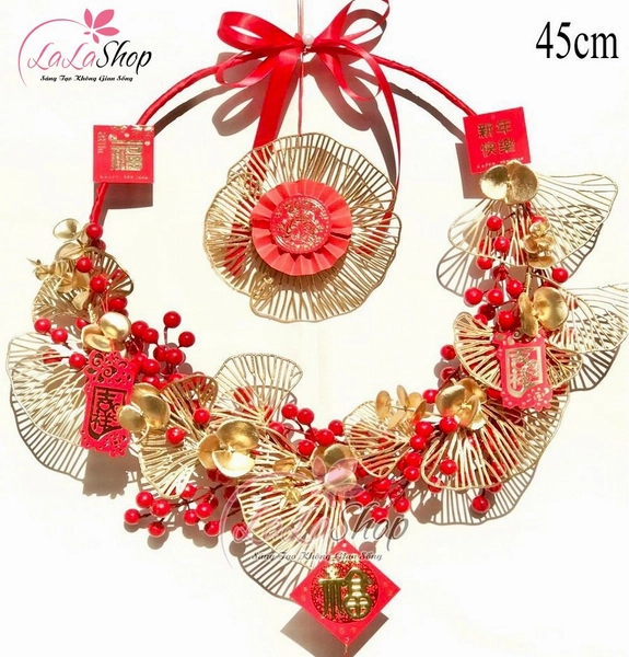 Vòng hoa trang trí tết lá rẻ quạt vàng và lộc treo đỏ