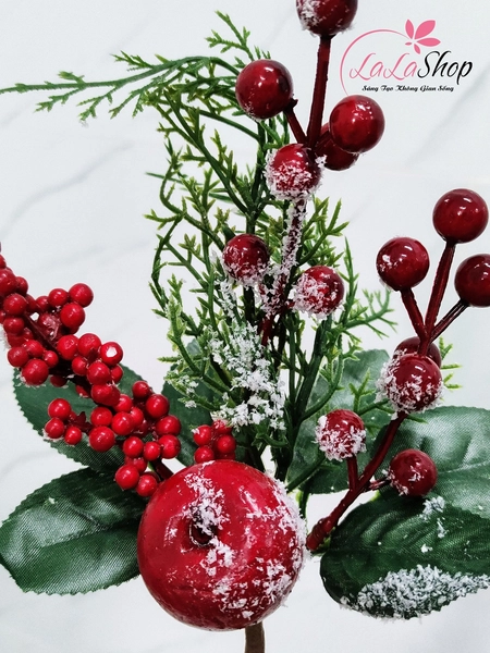Cành cherry tuyết có lá 1 quả lớn phụ kiện trang trí cây thông