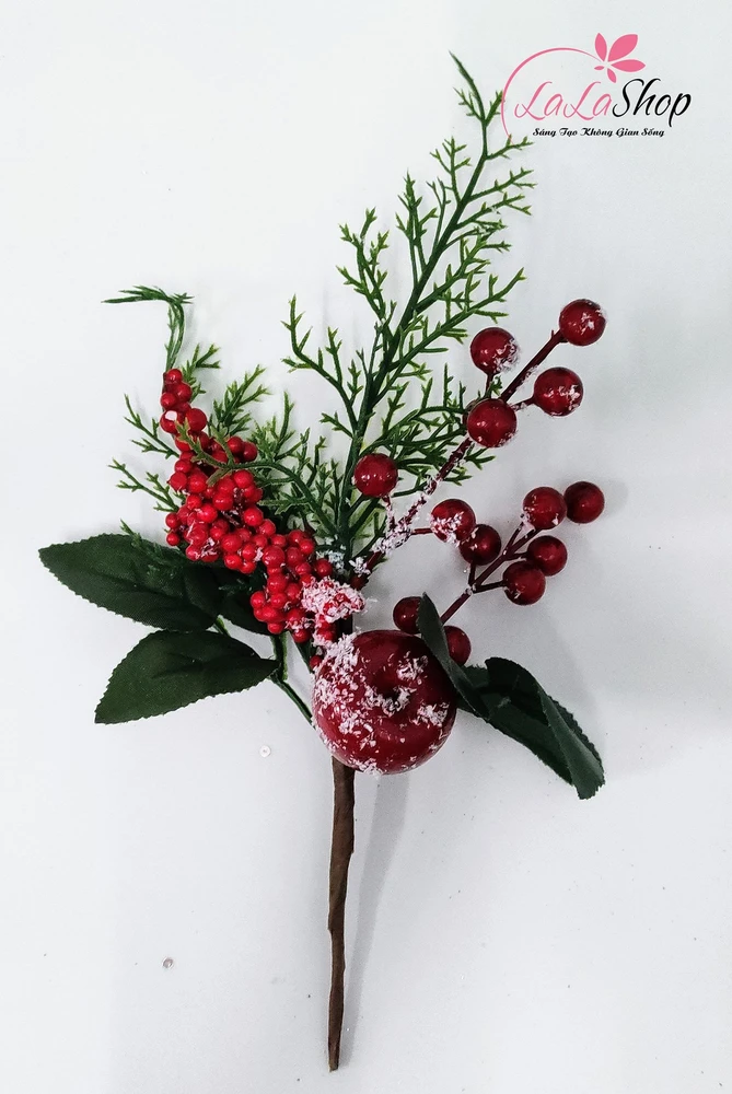 Cành cherry tuyết có lá 1 quả lớn phụ kiện trang trí cây thông