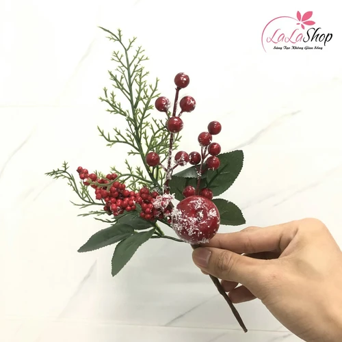 Cành cherry tuyết có lá 1 quả lớn phụ kiện trang trí cây thông