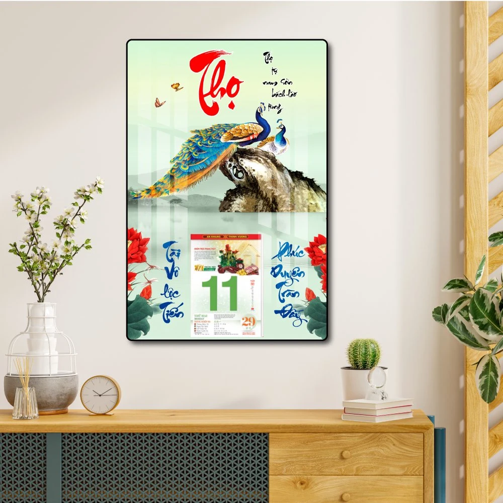 Lịch tết tranh tráng gương treo tường chữ Thọ 2023