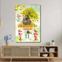 Lịch tết tranh tráng gương treo tường chậu mai vàng tài lộc sung túc