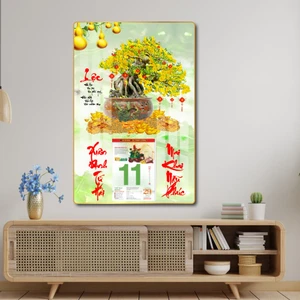 Lịch tết tranh tráng gương treo tường chậu mai vàng tài lộc sung túc