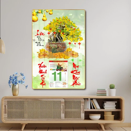 Lịch tết tranh tráng gương treo tường chậu mai vàng 03 2023