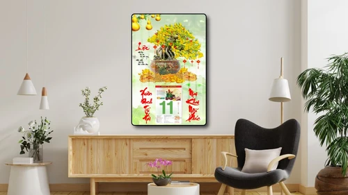 Lịch tết tranh tráng gương treo tường chậu mai vàng 03 2023