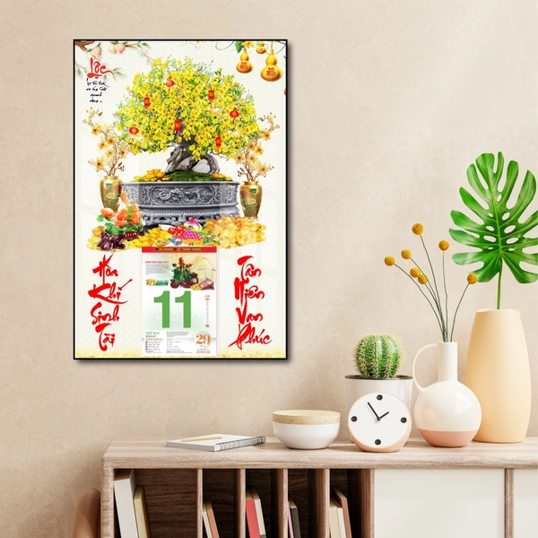 Lịch tết tranh tráng gương treo tường chậu mai vàng nở rộ mừng xuân