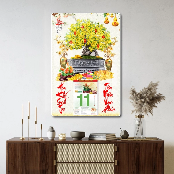 Lịch tết tranh tráng gương treo tường chậu mai vàng nở rộ mừng xuân