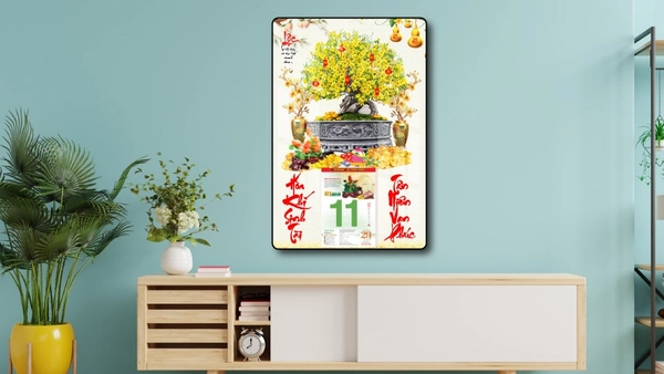 Lịch tết tranh tráng gương treo tường chậu mai vàng nở rộ mừng xuân