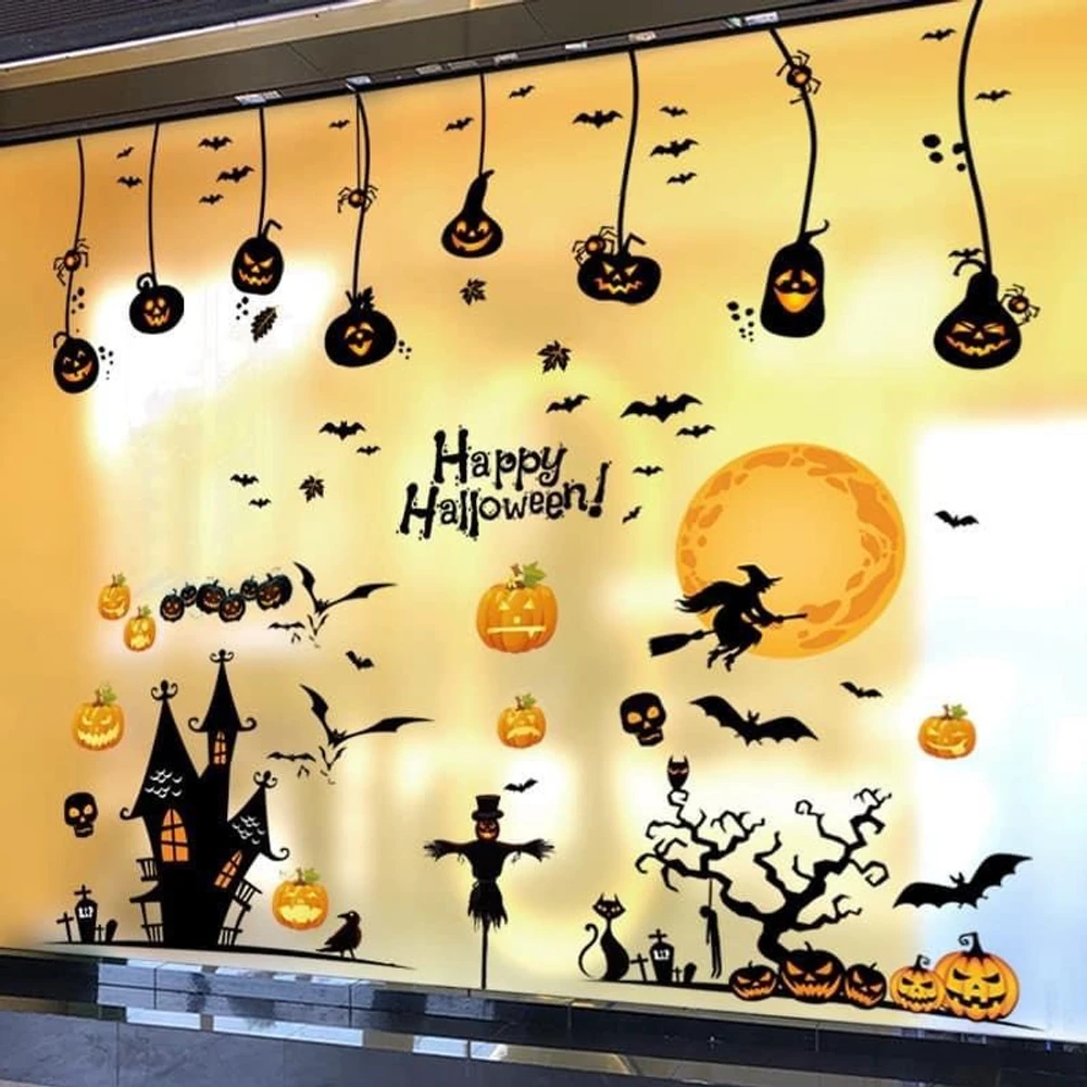 Decal Dán Tường Combo Những Quả Bí Ngô Và Phù Thủy Dưới Ánh Trăng