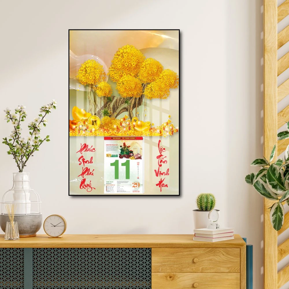 Lịch tết tranh tráng gương treo tường cây tài lộc 2023