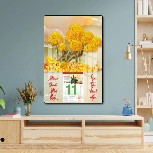 Lịch tết tranh tráng gương treo tường cây tài lộc