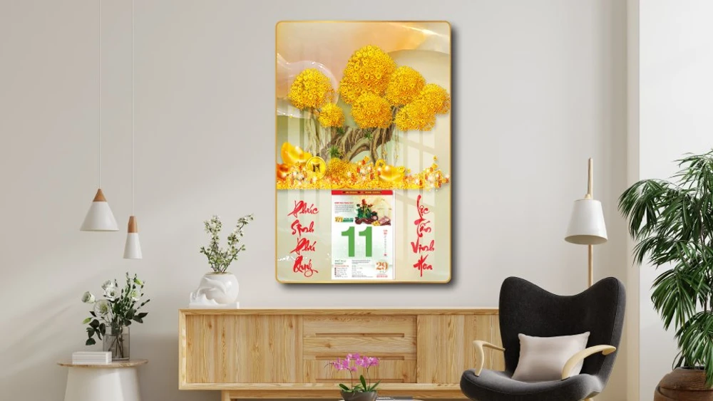 Lịch tết tranh tráng gương treo tường cây tài lộc 2023