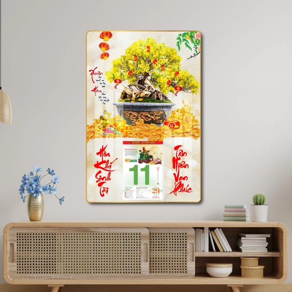 Lịch tết tranh tráng gương treo tường chậu mai vàng 05