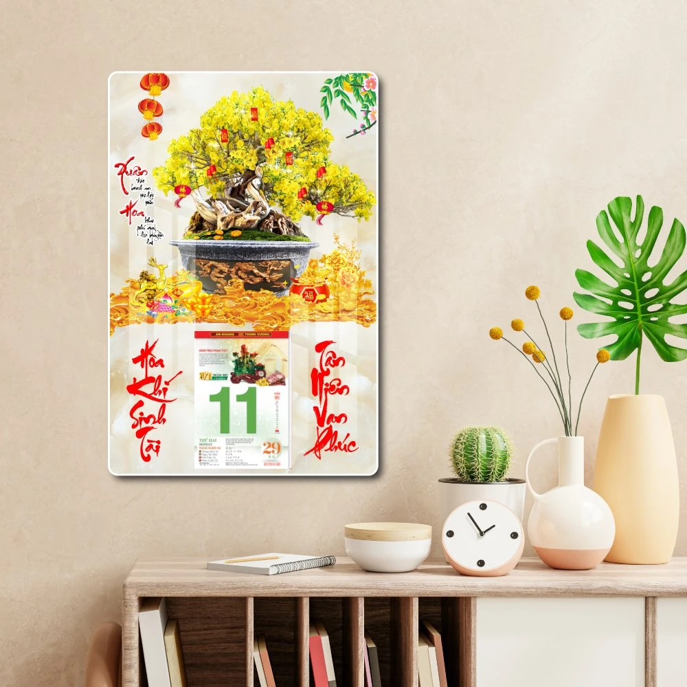 Lịch tết tranh tráng gương treo tường chậu mai vàng 05 2023
