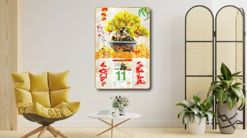 Lịch tết tranh tráng gương treo tường chậu mai vàng 05 2023