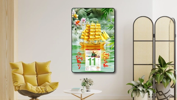 Lịch tết tranh tráng gương treo tường thuyền vàng thuận buồm xuôi gió