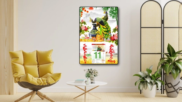Lịch tết tranh tráng gương treo tường chim công