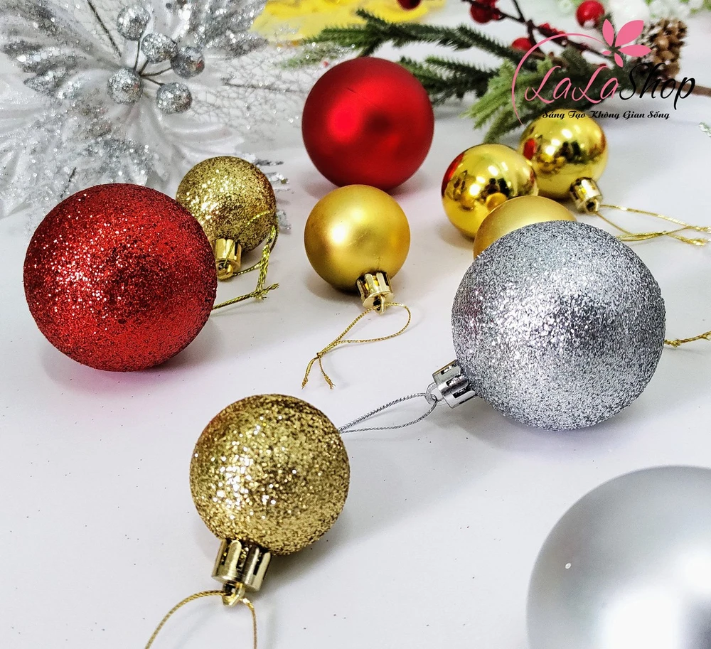 Hộp 6 quả châu 3 loại nhiều kích thước - Phụ kiện trang trí cây thông noel