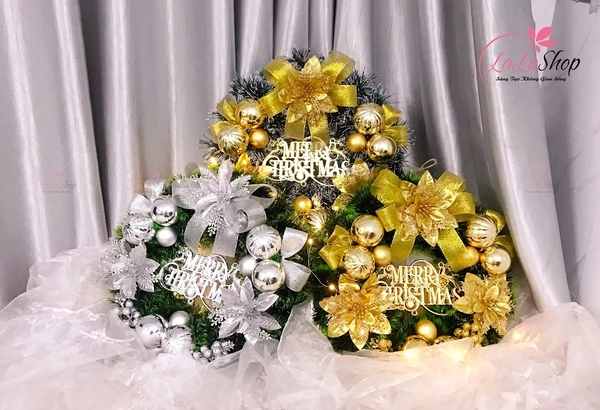 Vòng Nguyệt Quế có đèn 40cm Trang Trí Merry Christmas Hoa Đỏ Vàng Treo Cửa kèm đèn LED