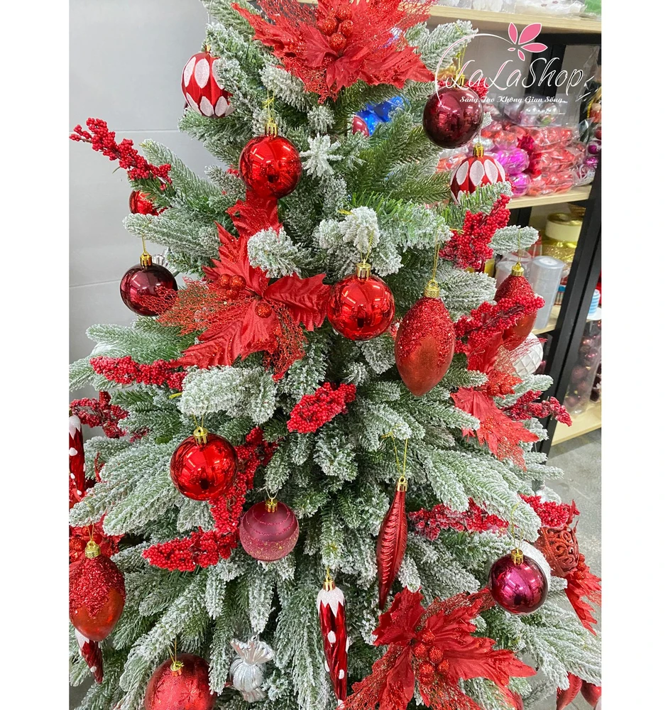Cây thông noel phủ tuyết 1m5 tông màu đỏ trắng đủ phụ kiện trang trí giáng sinh