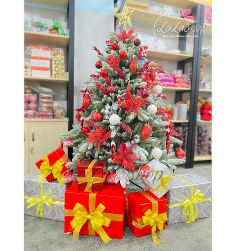 Cây thông noel phủ tuyết 1m5 tông màu đỏ trắng đủ phụ kiện trang trí giáng sinh