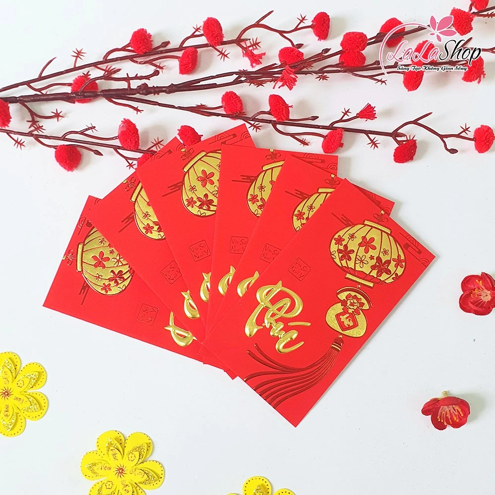 Combo 6 Bao Lì Xì Nhung In Nổi 3D Màu Đỏ Chữ Phúc Lồng Đèn Vạn Sự Như Ý