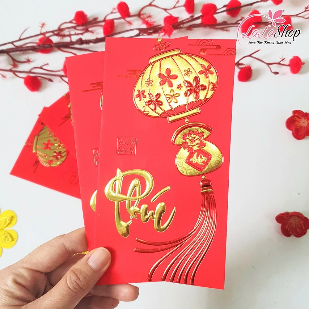 Combo 6 Bao Lì Xì Nhung In Nổi 3D Màu Đỏ Chữ Phúc Lồng Đèn Vạn Sự Như Ý