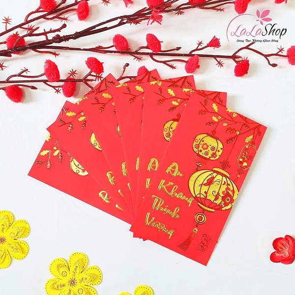 Combo 6 Bao Lì Xì In Nổi 3D Màu Đỏ Lồng Đèn An Khang Thịnh Vượng
