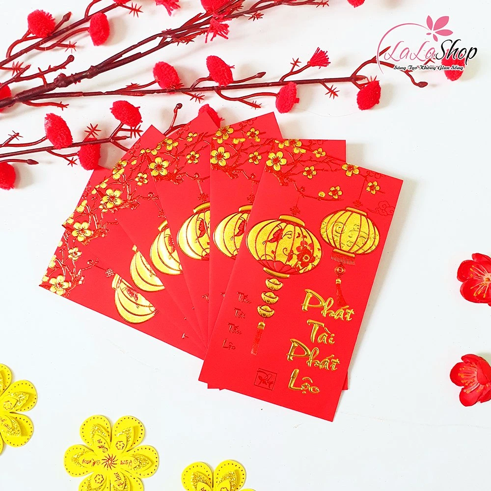 Combo 6 Bao Lì Xì Nhung In Nổi 3D Màu Đỏ Lồng Đèn Hoa Mai Phát Tài Phát Lộc