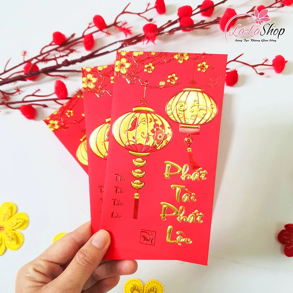 Combo 6 Bao Lì Xì Nhung In Nổi 3D Màu Đỏ Lồng Đèn Hoa Mai Phát Tài Phát Lộc