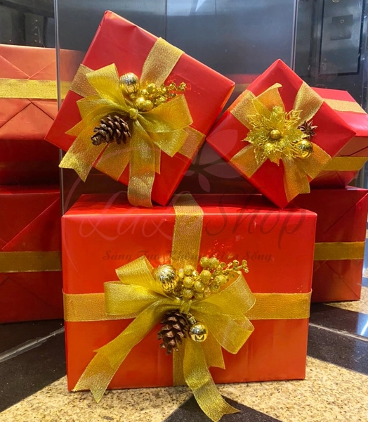 Set 3 hộp quà giáng sinh sắc đỏ hoa trạng nguyên trang trí cây thông noel làm quà tặng - Mẫu 6
