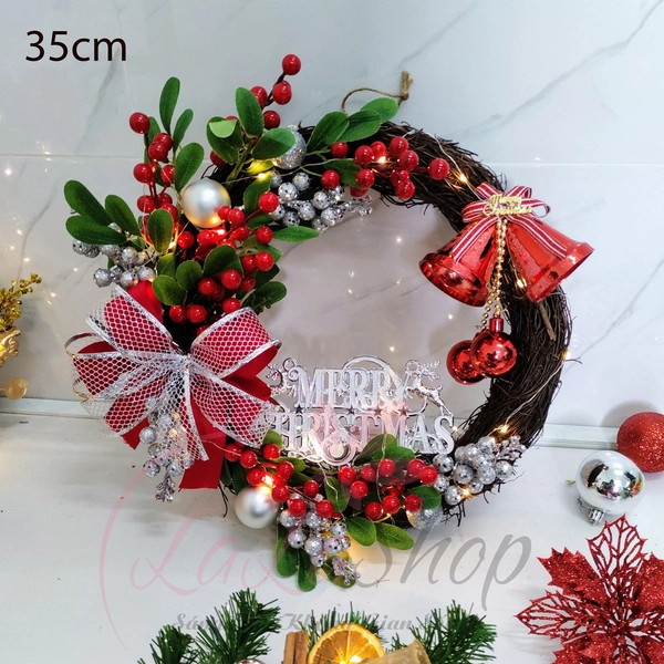 Vòng Nguyệt Quế 35cm Trang Trí Merry Christmas Treo Cửa Có Kèm Đèn Led
