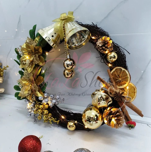 Vòng nguyệt quế 35cm trang trí noel hoa trạng nguyên treo cửa có kèm đèn led