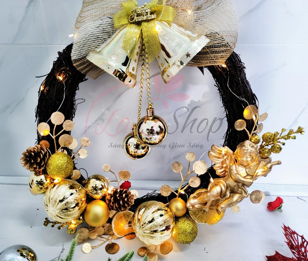 Vòng Nguyệt Quế 35cm Trang Trí Noel Treo Cửa Có Kèm Đèn Led