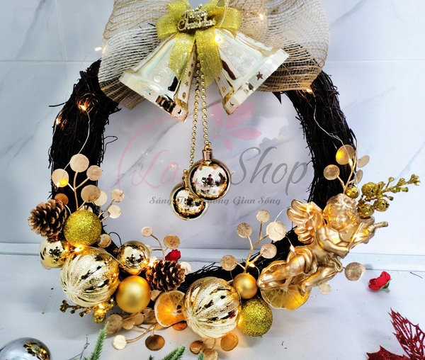 Vòng Nguyệt Quế 35cm Trang Trí Noel Treo Cửa Có Kèm Đèn Led