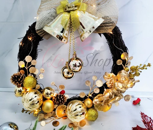 Vòng Nguyệt Quế 35cm Trang Trí Noel Treo Cửa Có Kèm Đèn Led