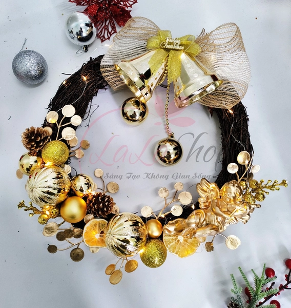 Vòng Nguyệt Quế 35cm Trang Trí Noel Treo Cửa Có Kèm Đèn Led