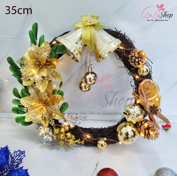 Vòng nguyệt quế 35cm trang trí noel hoa trạng nguyên treo cửa có kèm đèn led