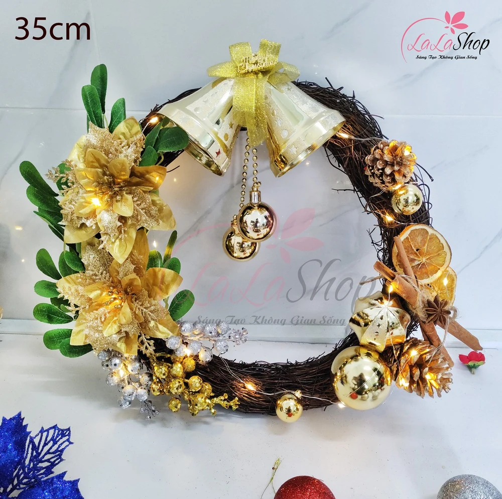 Vòng nguyệt quế 35cm trang trí noel hoa trạng nguyên treo cửa có kèm đèn led