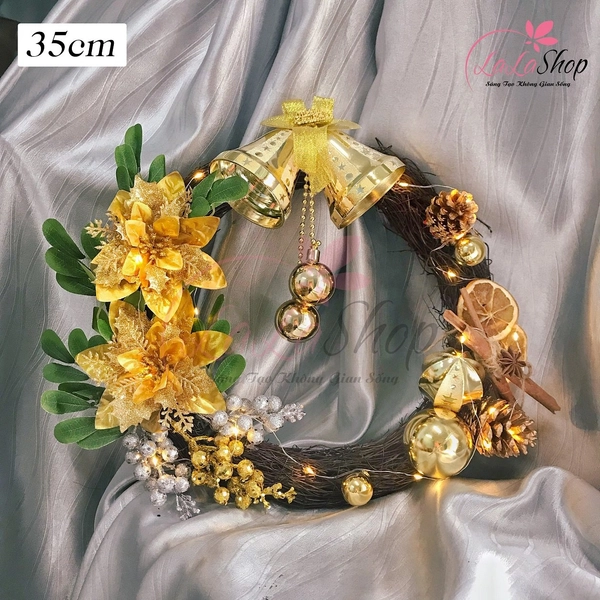 Vòng nguyệt quế 35cm trang trí noel hoa trạng nguyên treo cửa có kèm đèn led
