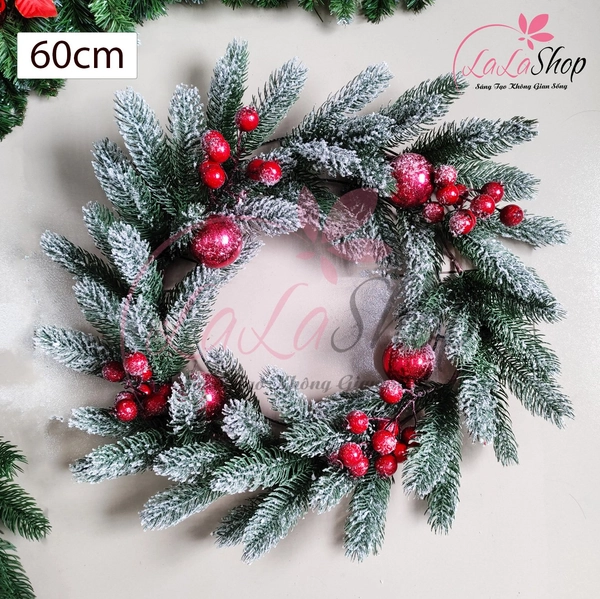 Vòng nguyệt quế quả châu cherry trang trí noel mẫu 1 kèm đèn LED