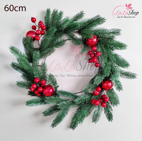 Vòng nguyệt quế quả châu cherry trang trí noel mẫu 2 kèm đèn LED