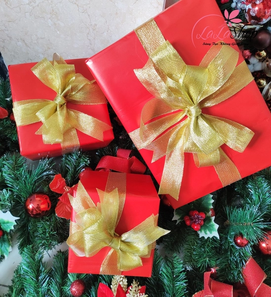 Set 3 hộp quà giáng sinh sắc đỏ nơ vàng trang trí cây thông noel làm quà tặng - Mẫu 6