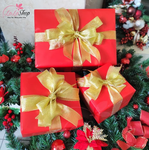 Set 3 hộp quà giáng sinh sắc đỏ nơ vàng trang trí cây thông noel làm quà tặng - Mẫu 6