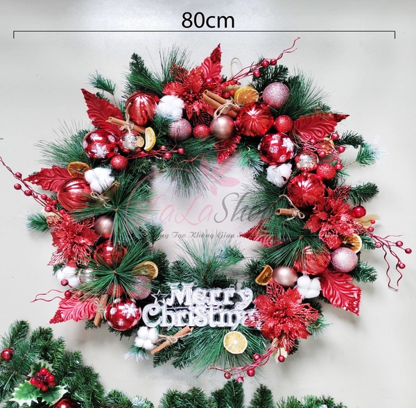 Vòng nguyệt quế 80cm trang trí noel merry christmas treo cửa kèm đèn led