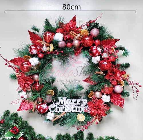 Vòng nguyệt quế 80cm trang trí noel merry christmas treo cửa kèm đèn led